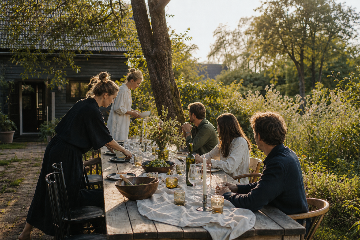 Vrienden eten samen aan een lange tafel in een groene tuin bij avondlicht