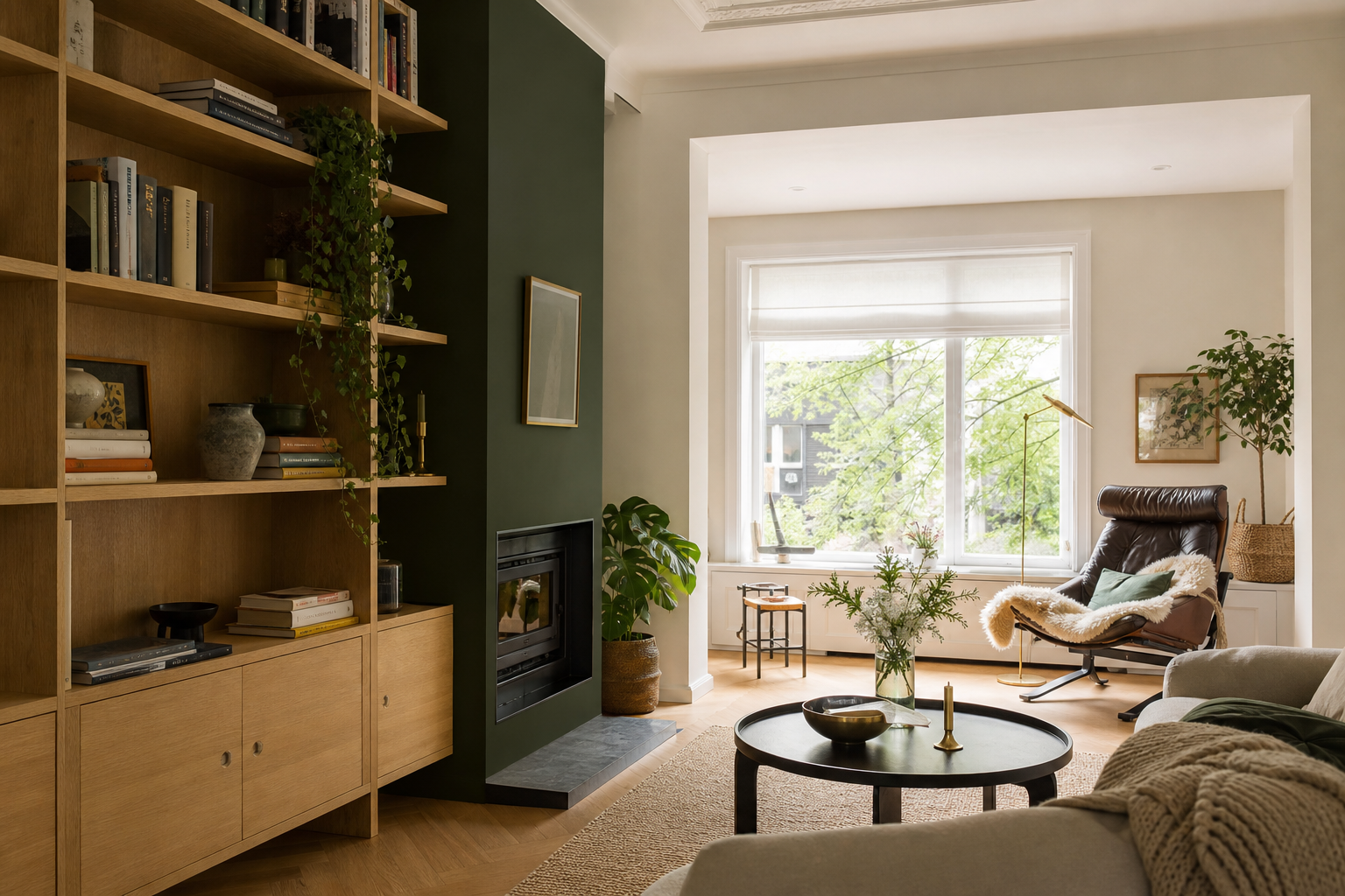 Lichte woonkamer met houten kast, groene wand en rustige leeshoek