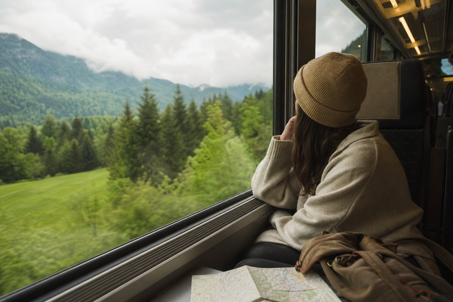 Reiziger kijkt vanuit een treinstoel naar een groen berglandschap
